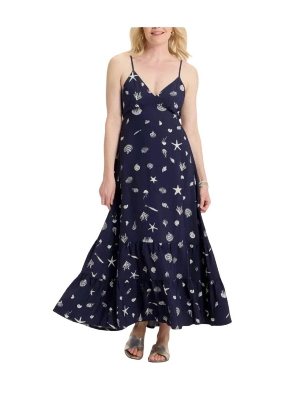 A New Day Navy Sea Life Print Sleeveless Maxi Dress XXL With Ruffle Hem & Back C